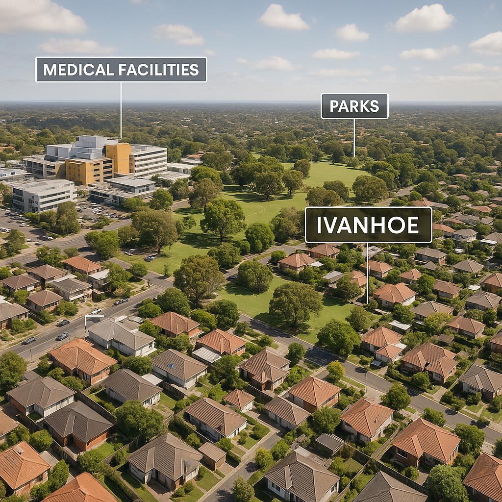 Aerial view of Ivanhoe showcasing medical facilities and local amenities.