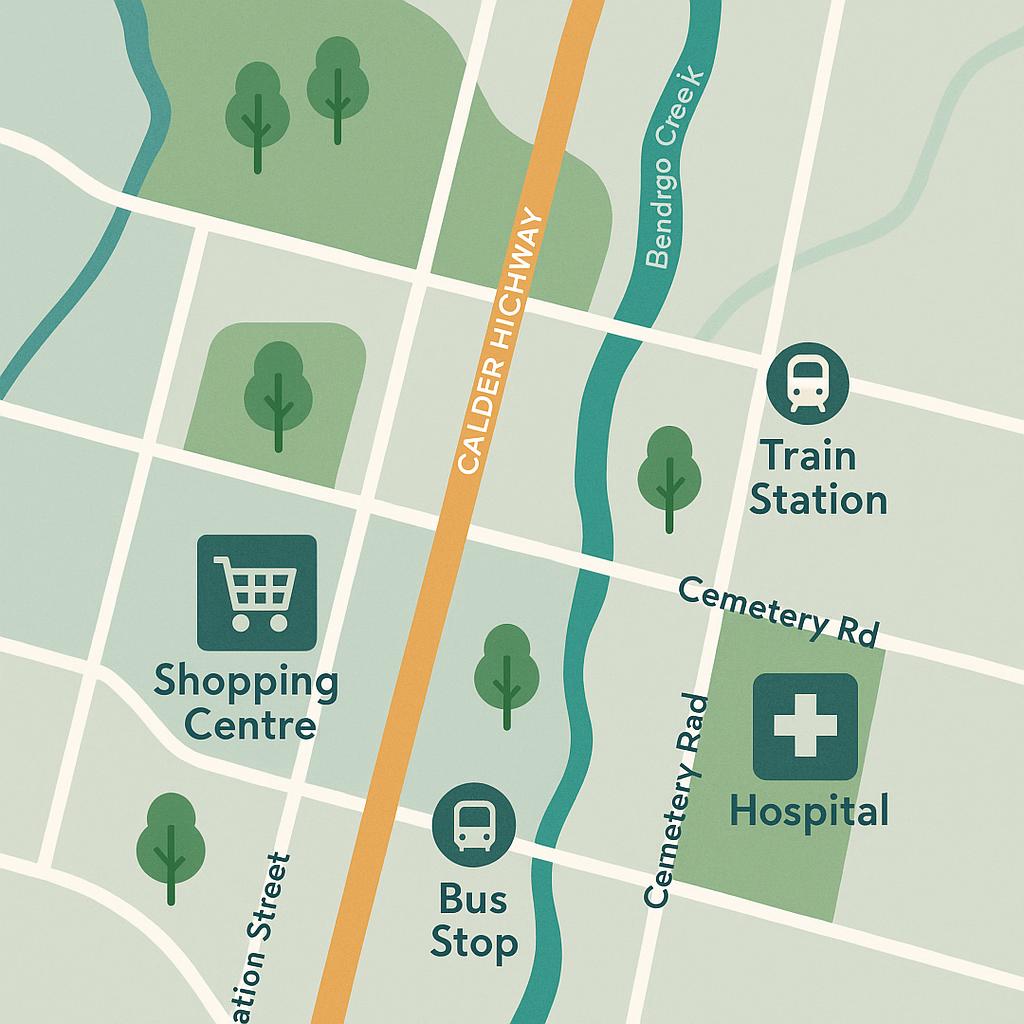 Suburb view of Kangaroo Flat, highlighting transport and amenities