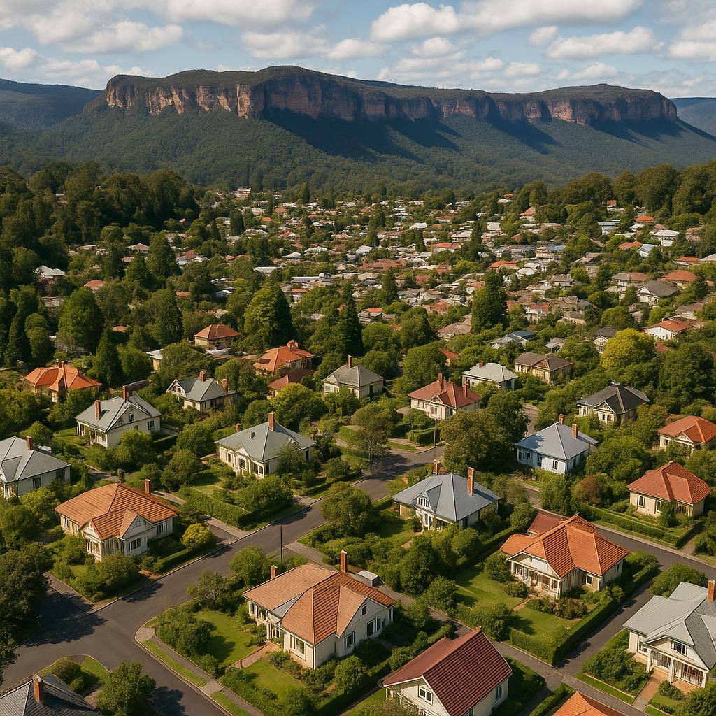 Aerial view of Katoomba with heritage homes and escarpment