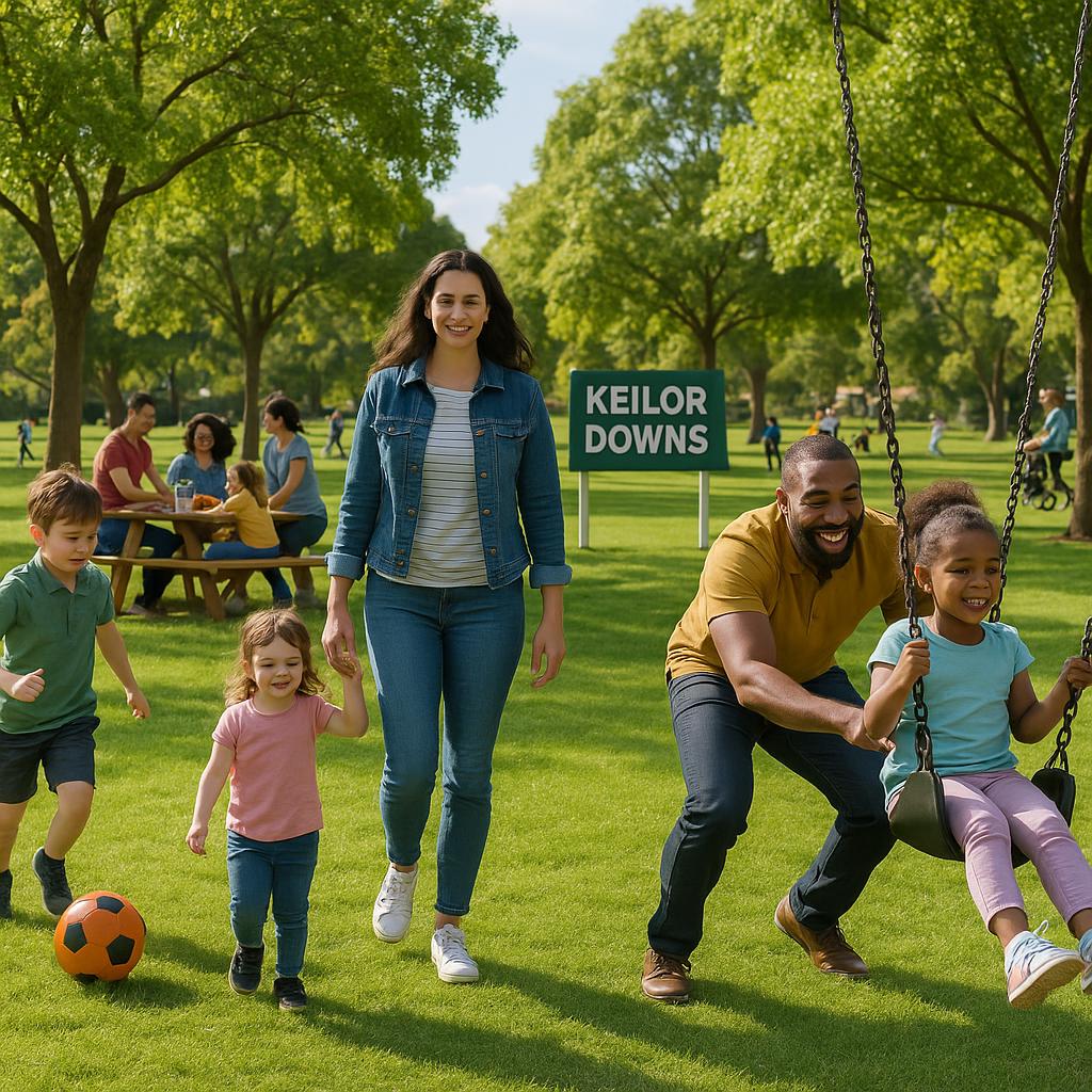 Lush park in Keilor Downs with families enjoying the space