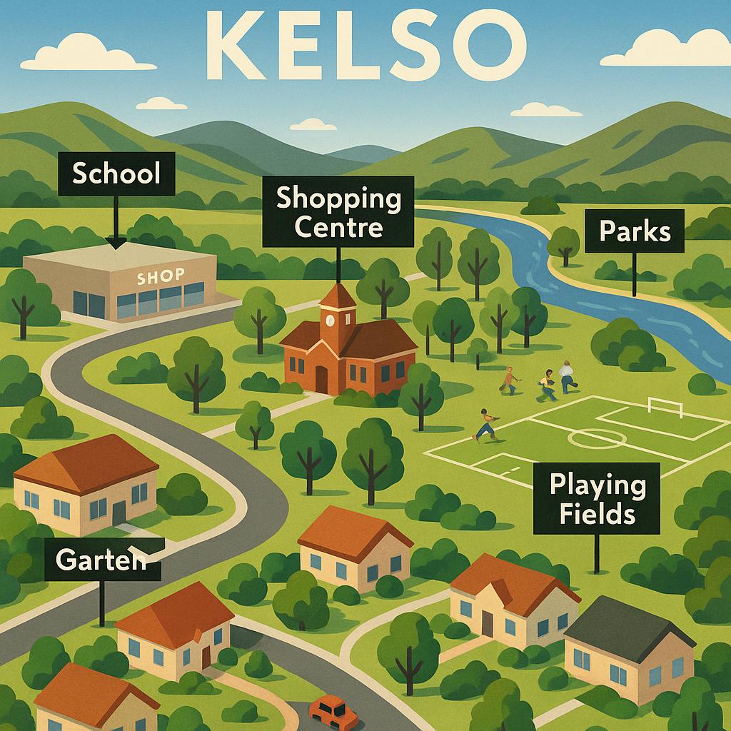 Overview of Kelso with community vibe and amenities