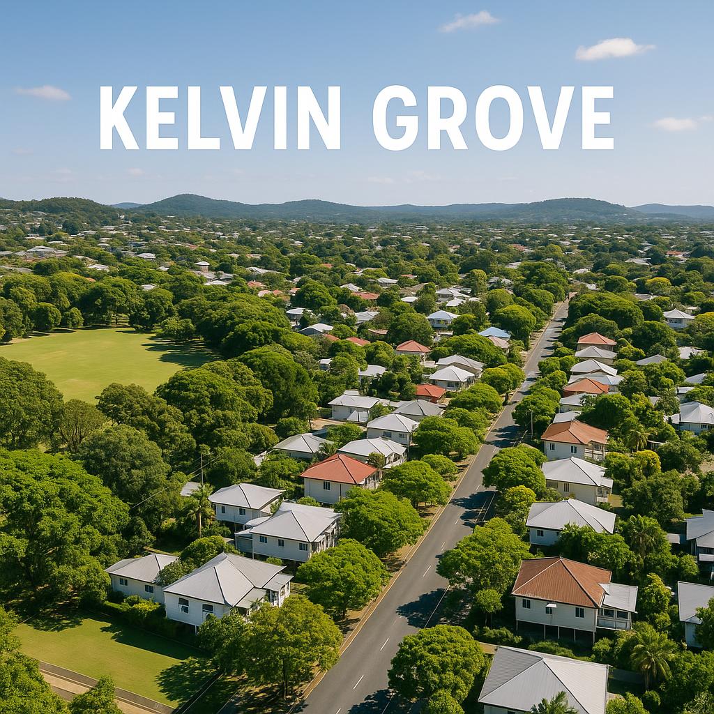 Kelvin Grove suburb with lush green spaces and trees