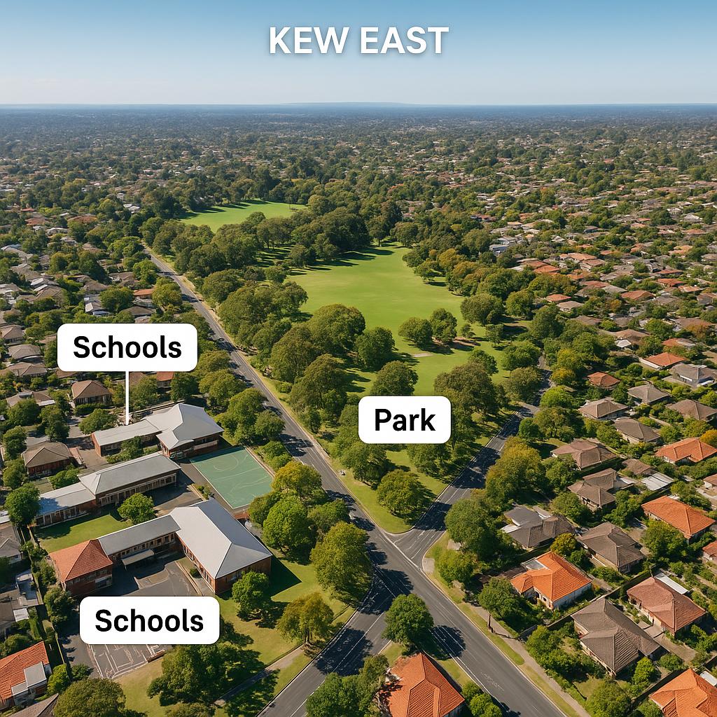 Aerial view of Kew East with schools and parks