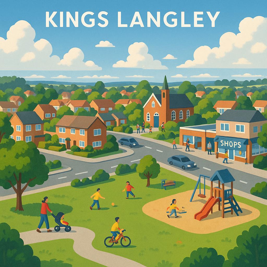 Scenic view of Kings Langley highlighting family parks and local amenities.