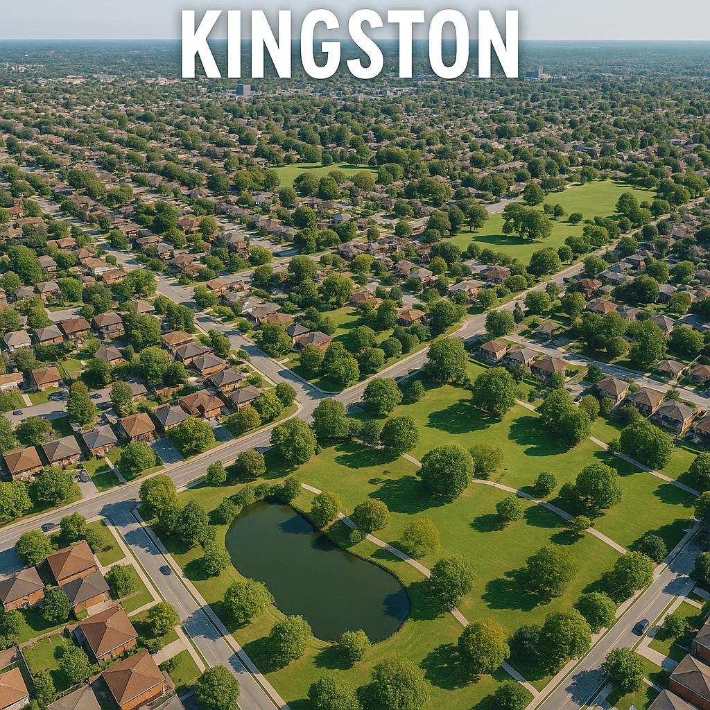 Aerial view of Kingston suburb, highlighting parks and homes