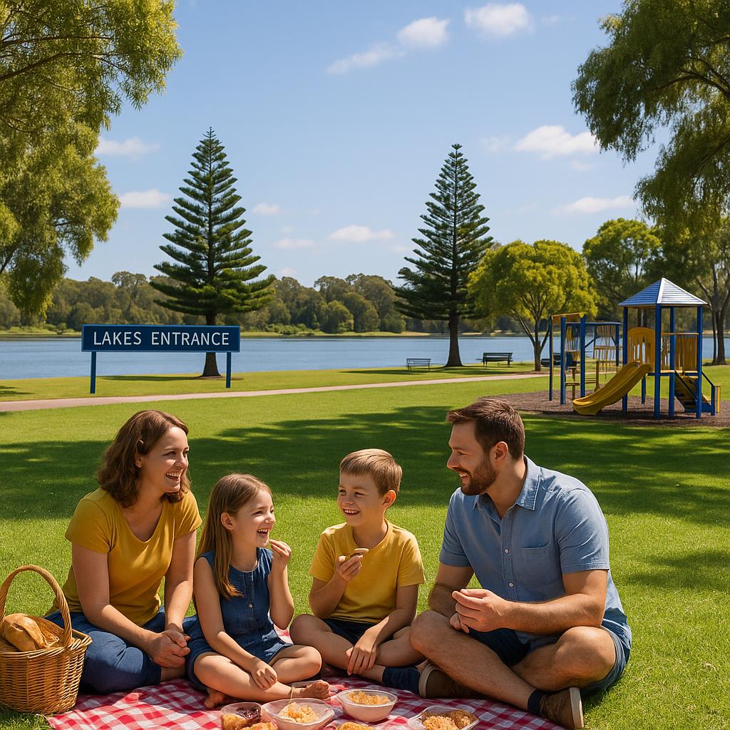 Family picnic in Lakes Entrance park