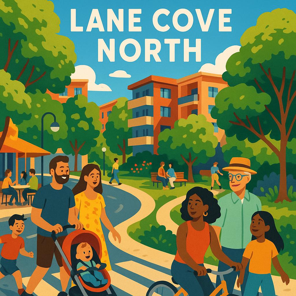 Community gathering in Lane Cove North showing families and parks