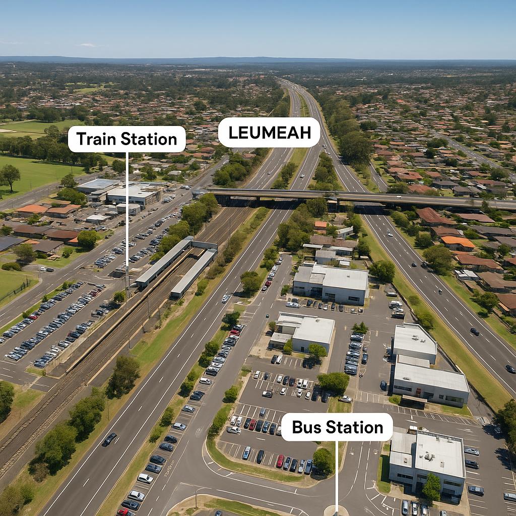 Aerial view of Leumeah with visible transport infrastructure