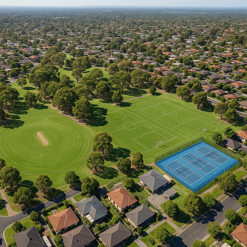 Aerial view of parks and sports facilities in Macleod