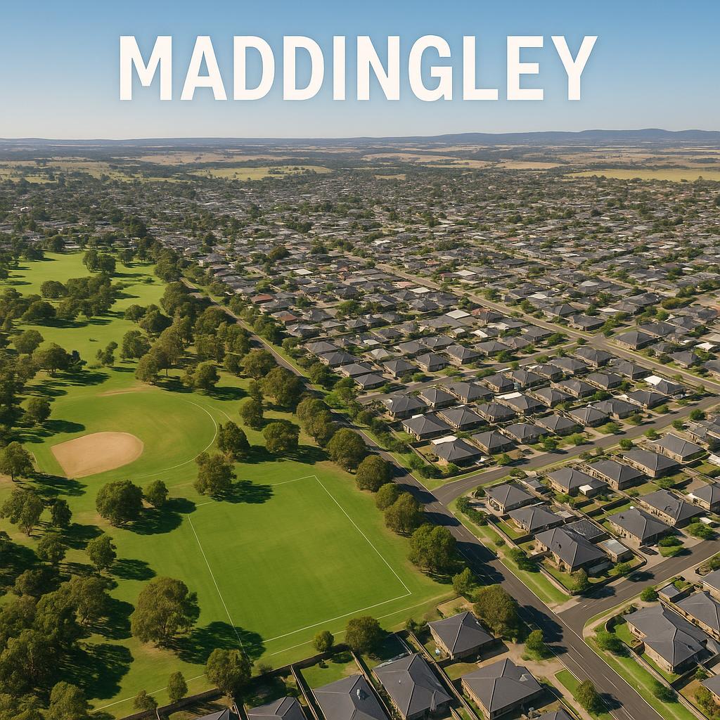Aerial view of Maddingley showing parks and homes.
