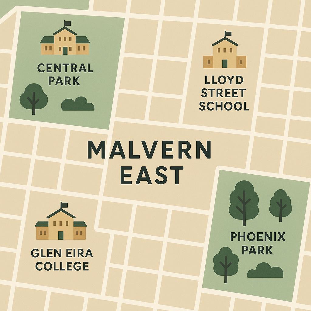 Aerial view of Malvern East showcasing schools and green spaces