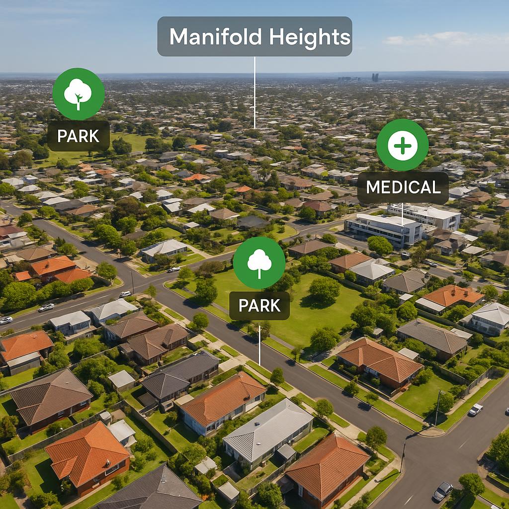 Aerial view of Manifold Heights showcasing parks and medical services.