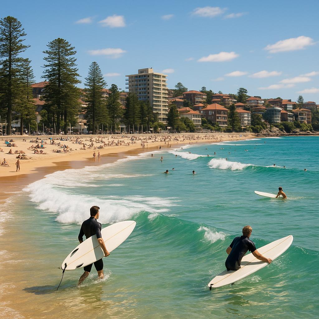 Scenic view of Manly Beach with people enjoying the sun