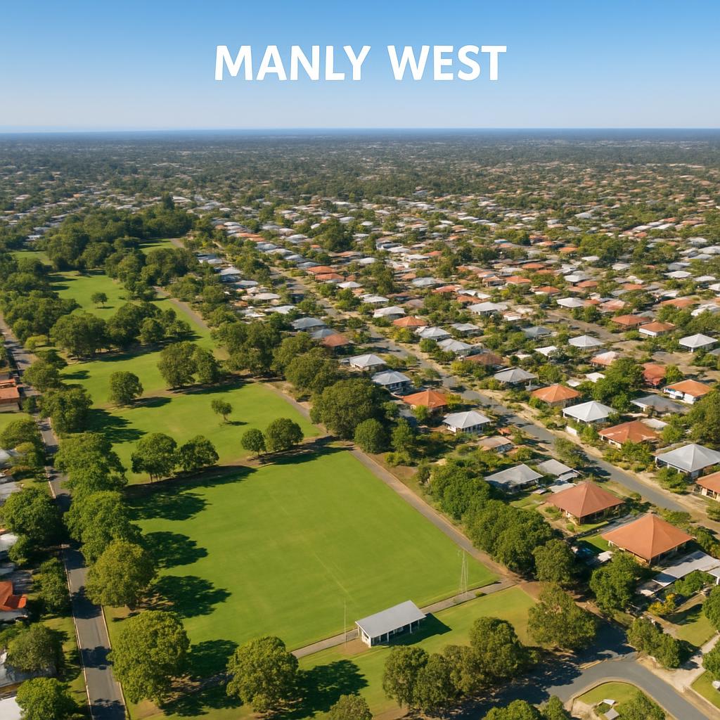 Aerial view of Manly West with parks and homes