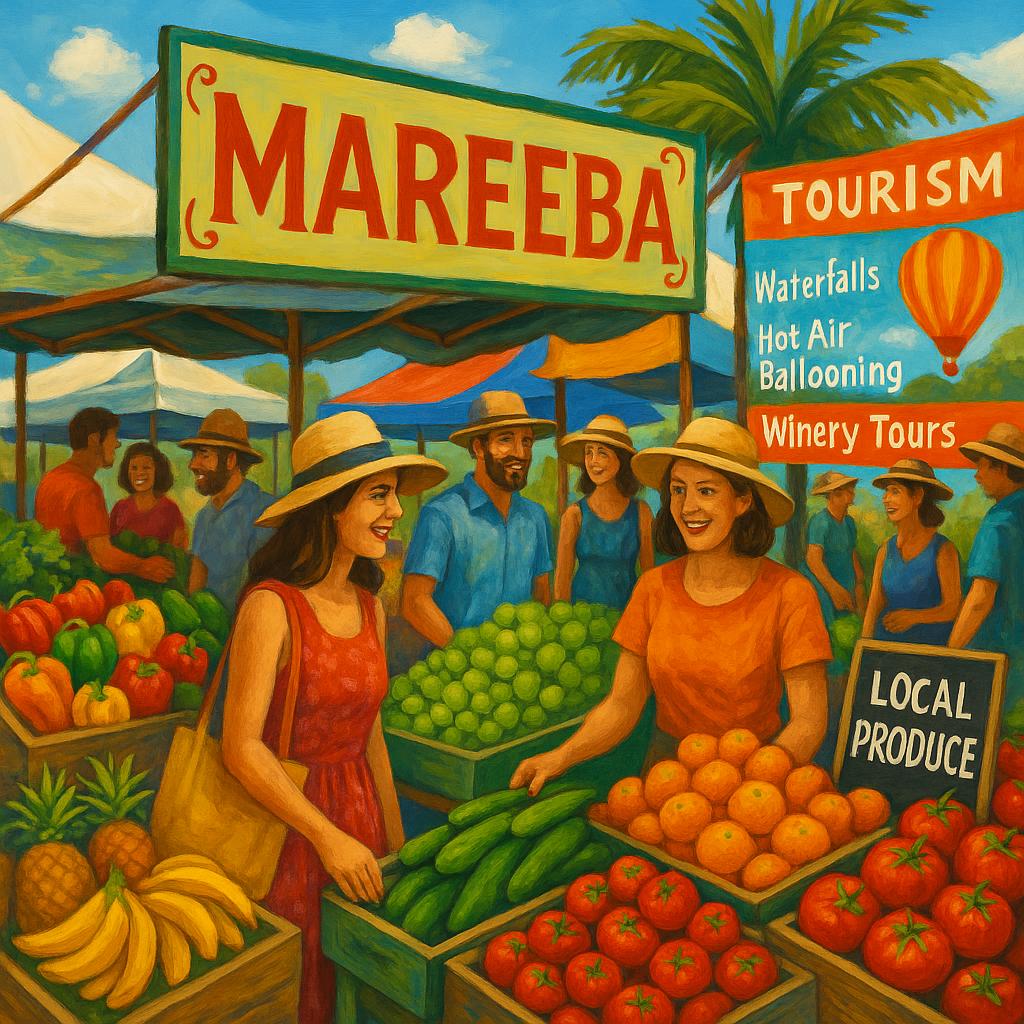Mareeba bustling market with tourists and local vendors.