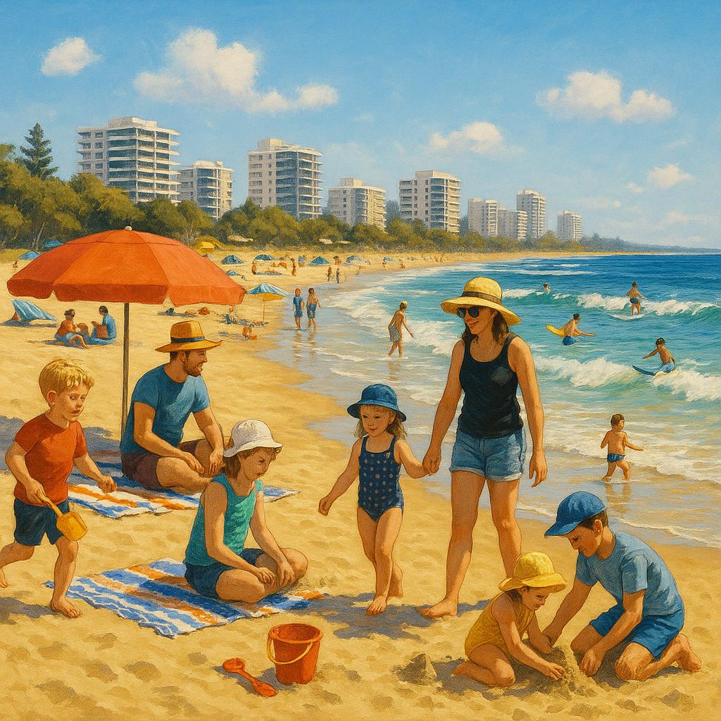 Families enjoying Maroochydore beach activities.
