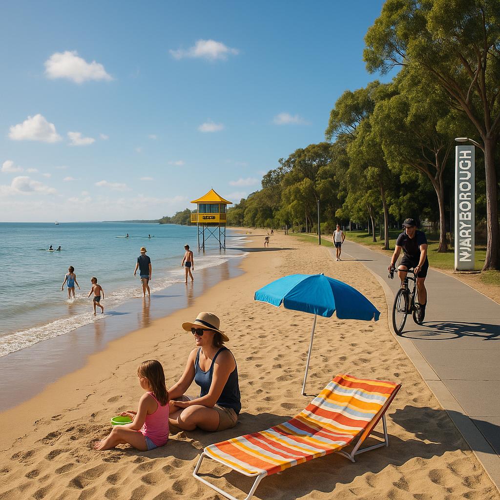 Maryborough beachfront view with people enjoying recreational activities