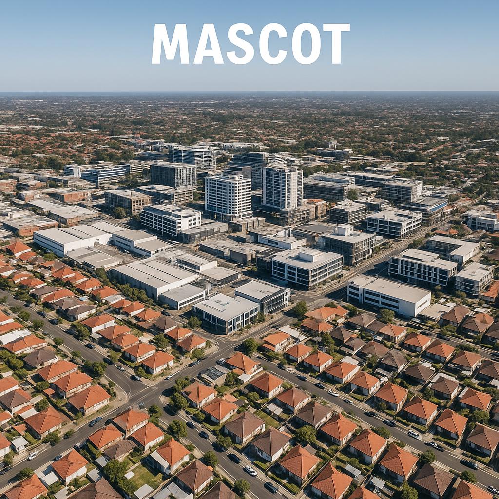 Aerial view of Mascot, showcasing residential neighborhoods and commercial developments