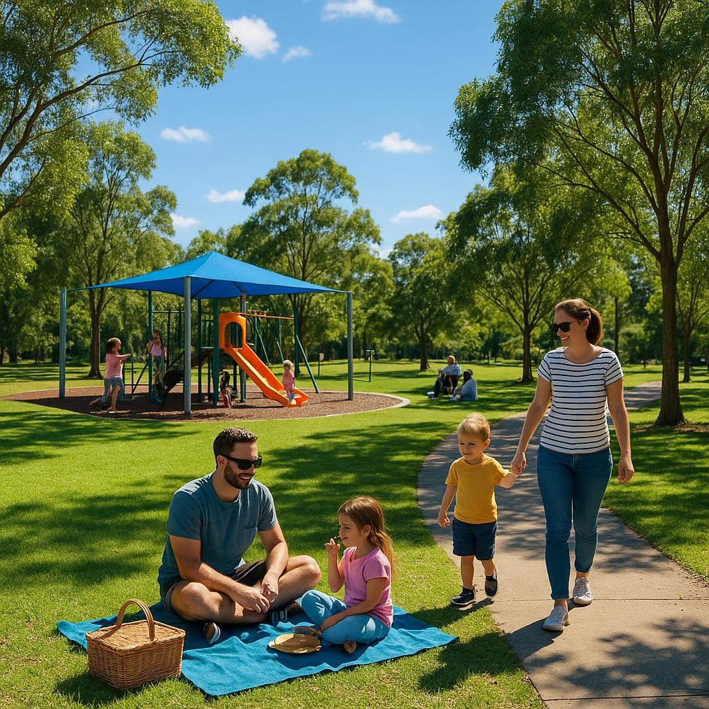 Families enjoying a sunny day in Mcdowall park
