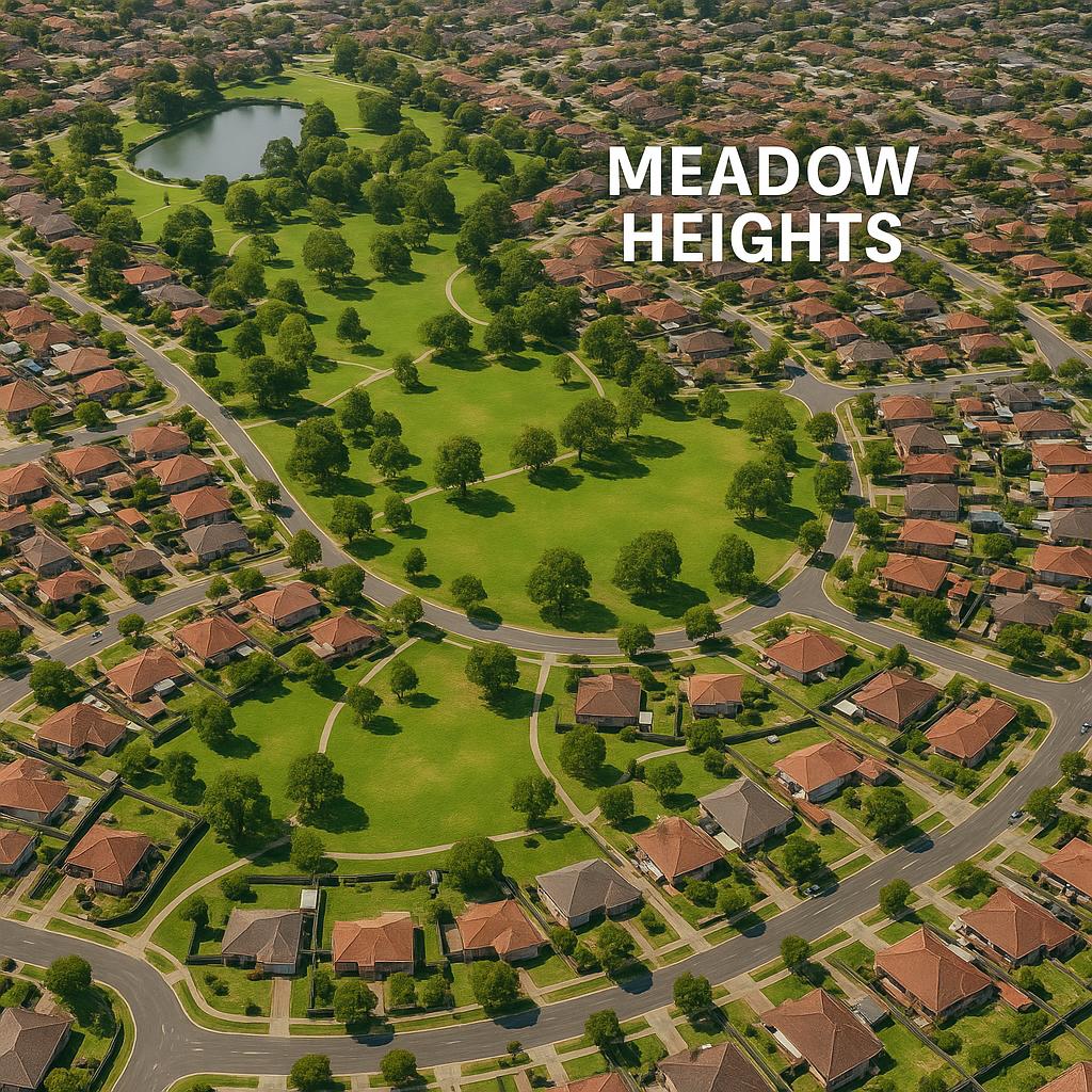 Aerial view of Meadow Heights, showcasing parks and homes