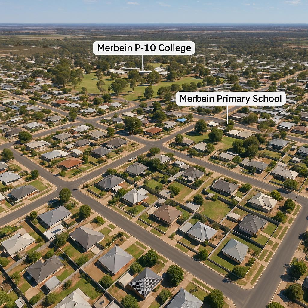 Aerial view of Merbein with residential zones and schools