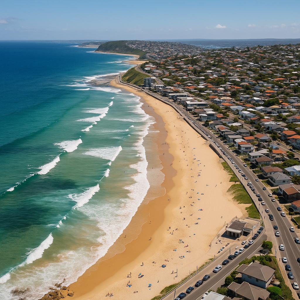 Aerial view showcasing Merewether Beach, houses, and parks