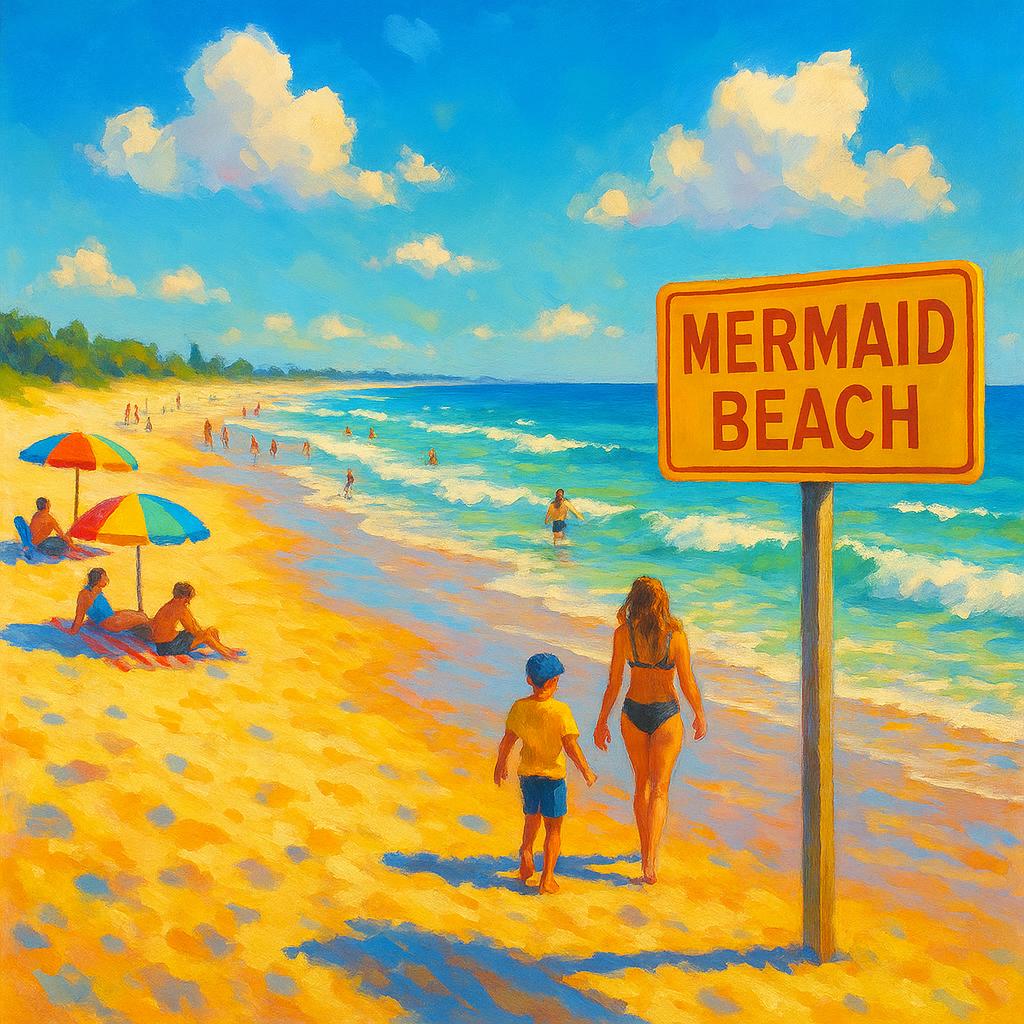 Sunlit Mermaid Beach with people and umbrellas.