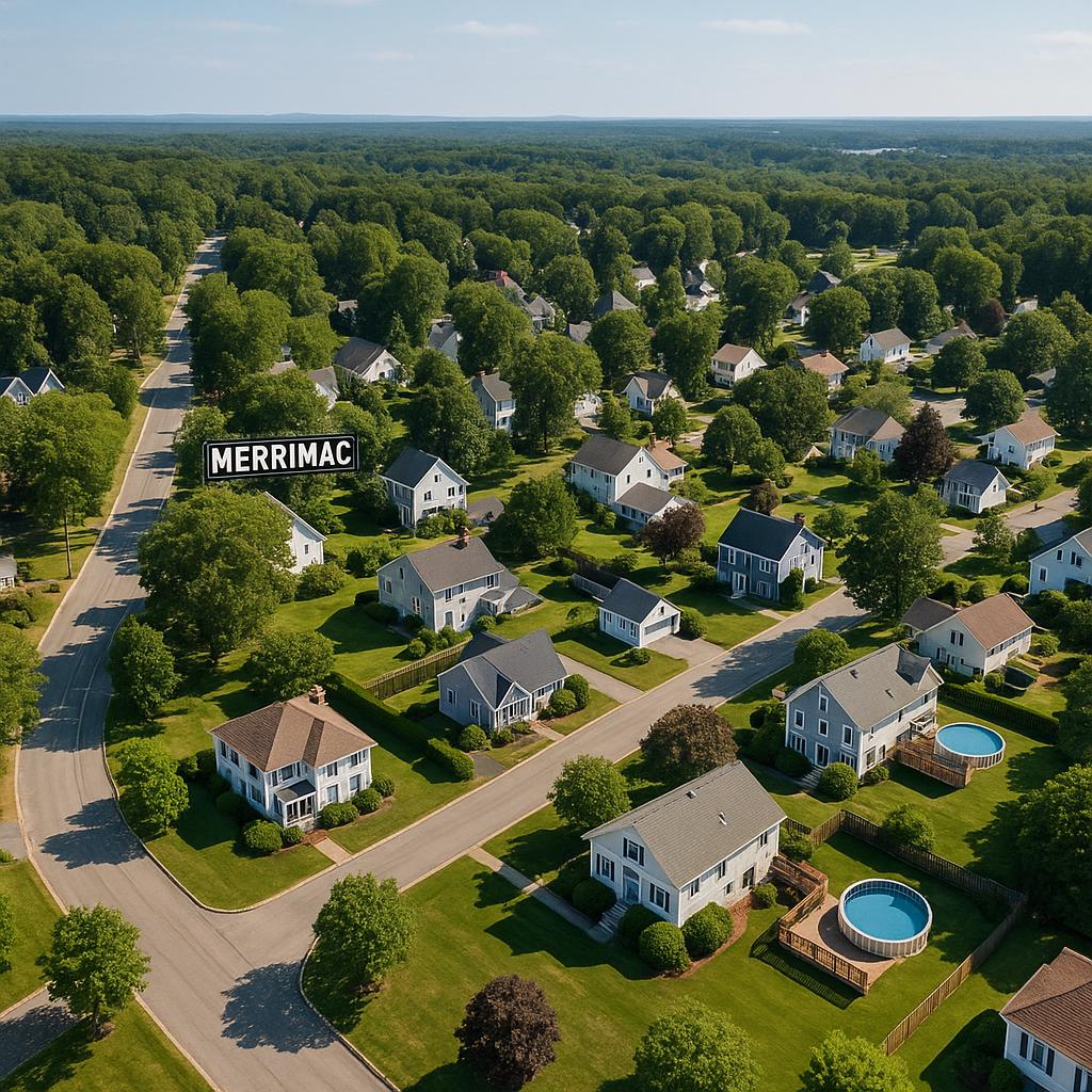Aerial view of Merrimac, highlighting its residential charm and green spaces.