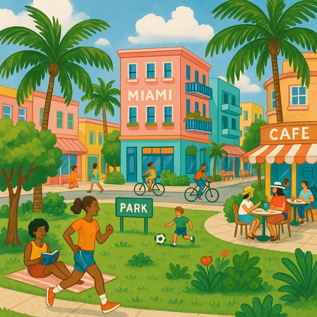 Vibrant Miami neighborhood with parks and cafes