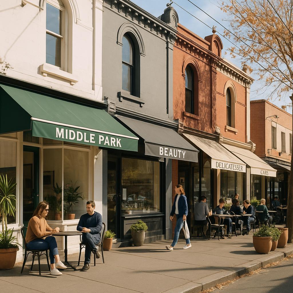 Vibrant retail area in Middle Park with shops and cafes