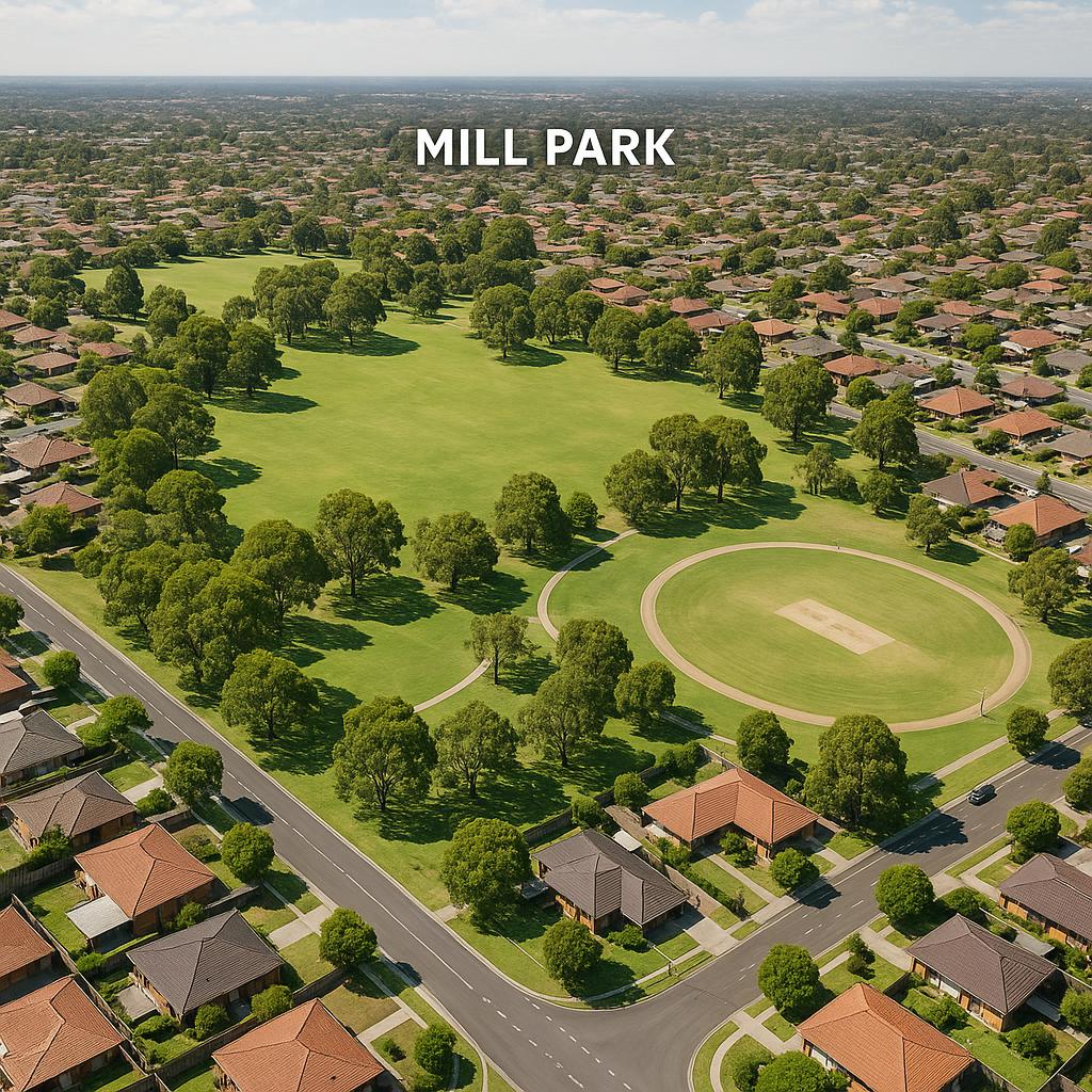 Aerial view of Mill Park with parks and residential areas