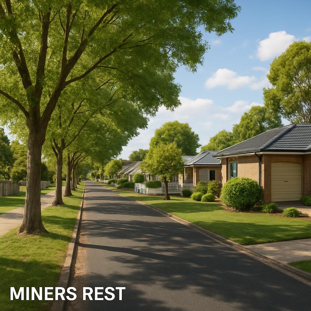 Street view in Miners Rest with established trees and homes.