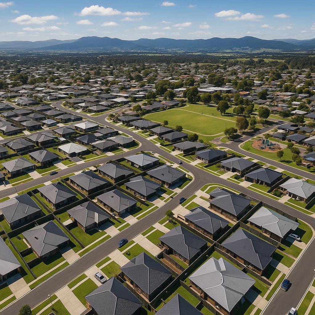 Aerial view of Moe, Victoria, featuring new homes and community facilities