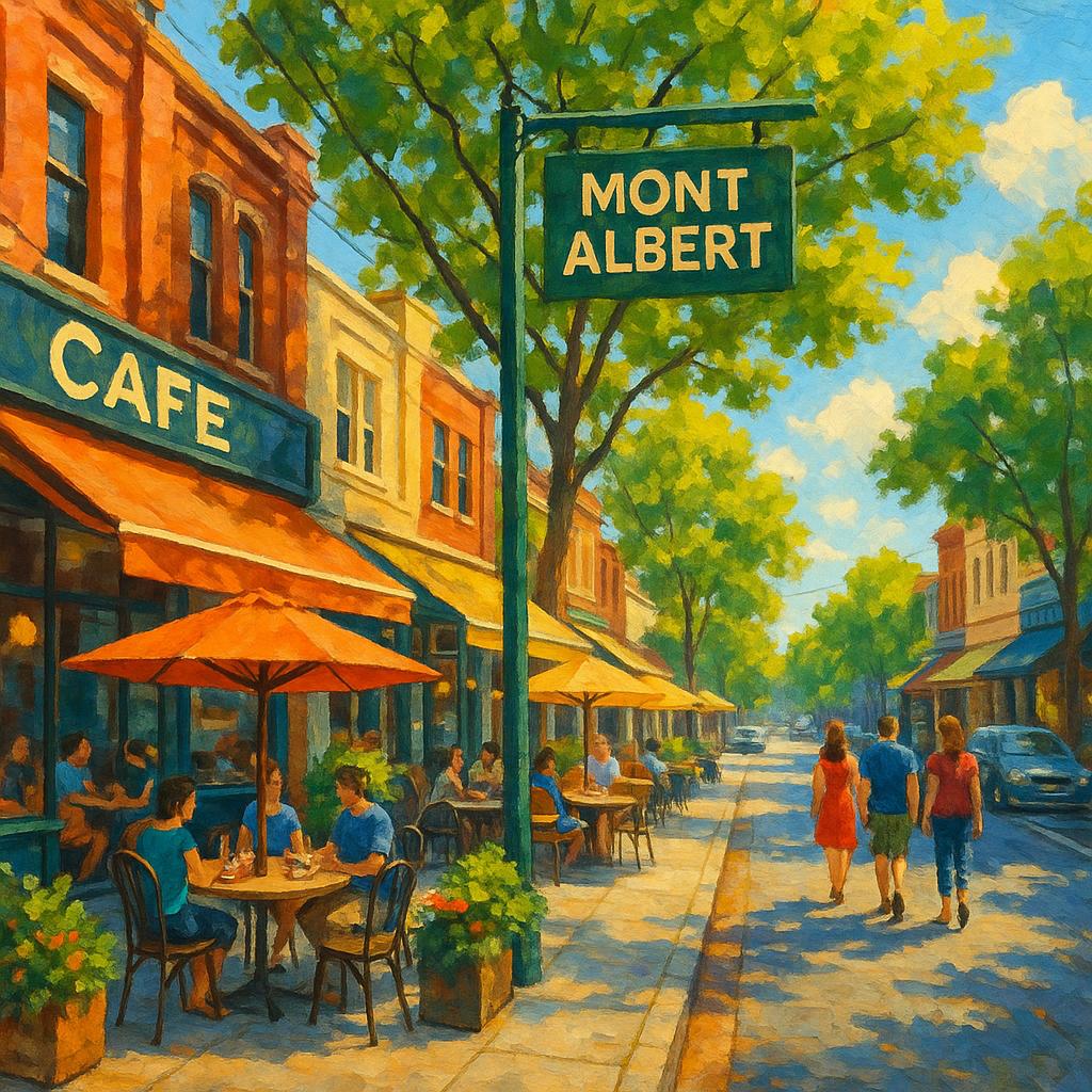 Vibrant Mont Albert street with cafes and trees