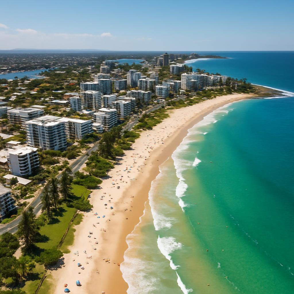 Aerial view of Mooloolaba showcasing the beach and coastal community.
