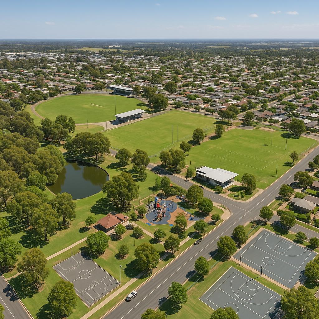 Aerial image of Mooroopna with parks and amenities