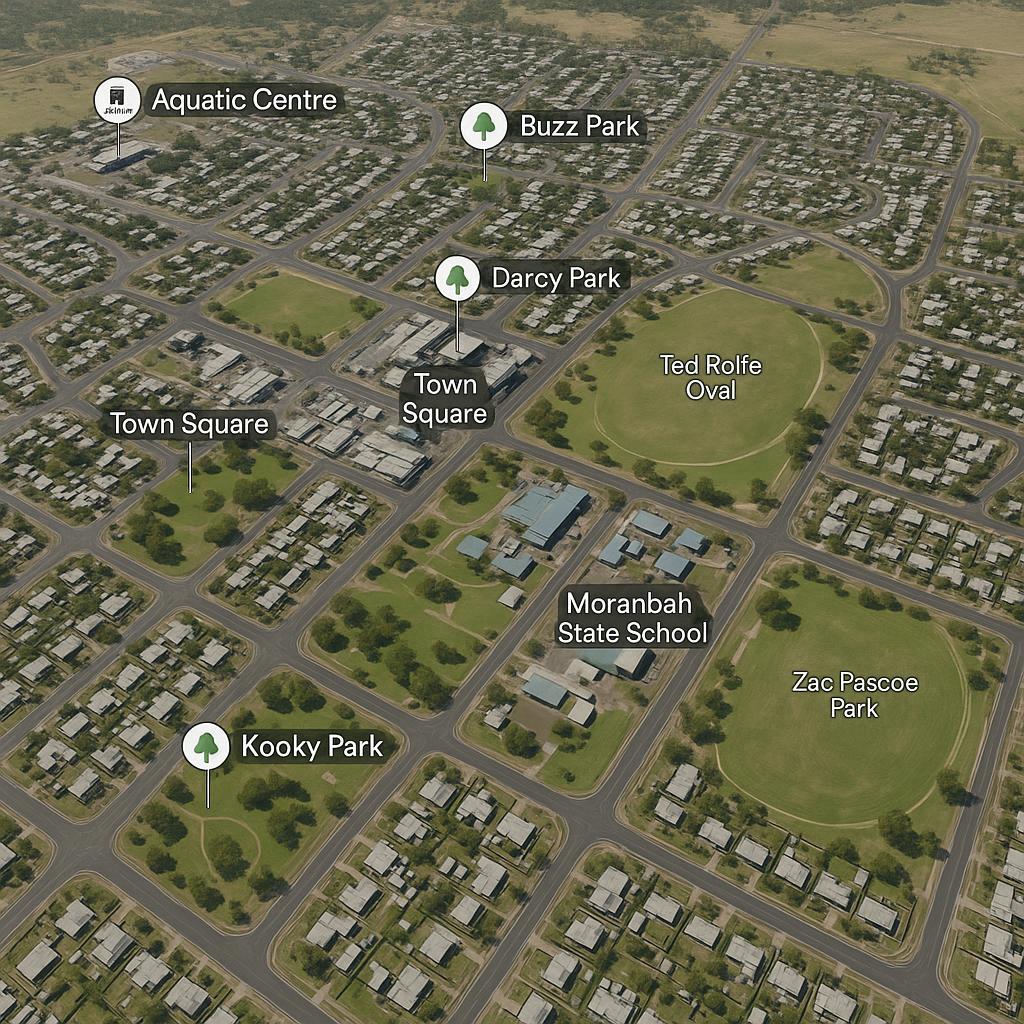Aerial view of Moranbah showing parks and community spaces