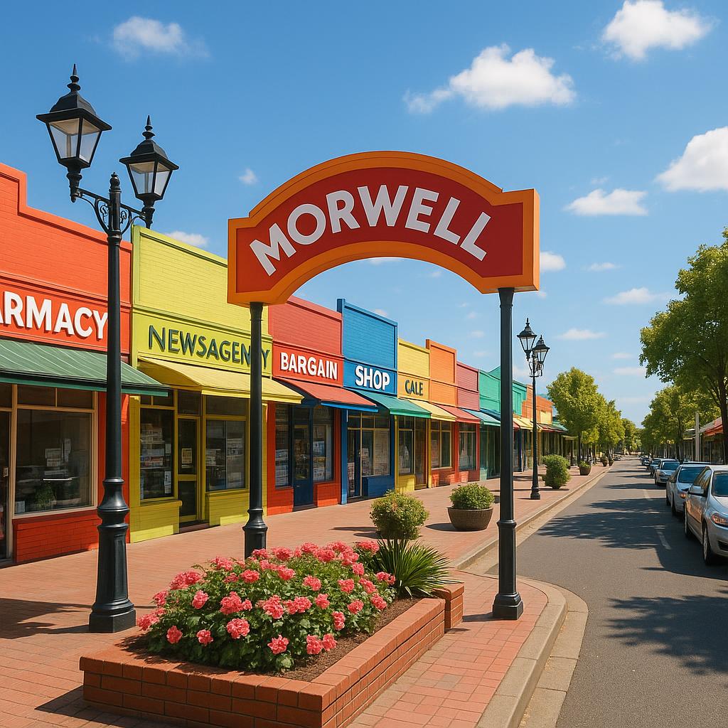 Morwell shopping strip filled with shoppers on a sunny day