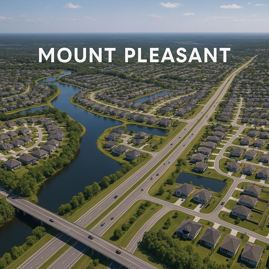 Aerial view of Mount Pleasant highlighting transport links and residential areas