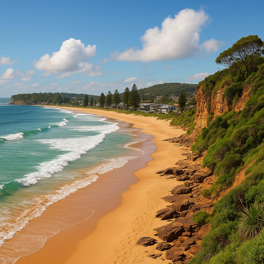 Beautiful beach view of Narrabeen with clear skies and waves.