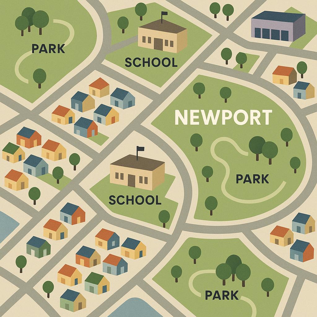Aerial view of Newport, highlighting local amenities and community spaces.