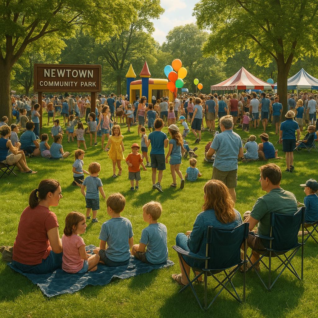 Newtown community park with families enjoying an outdoor event