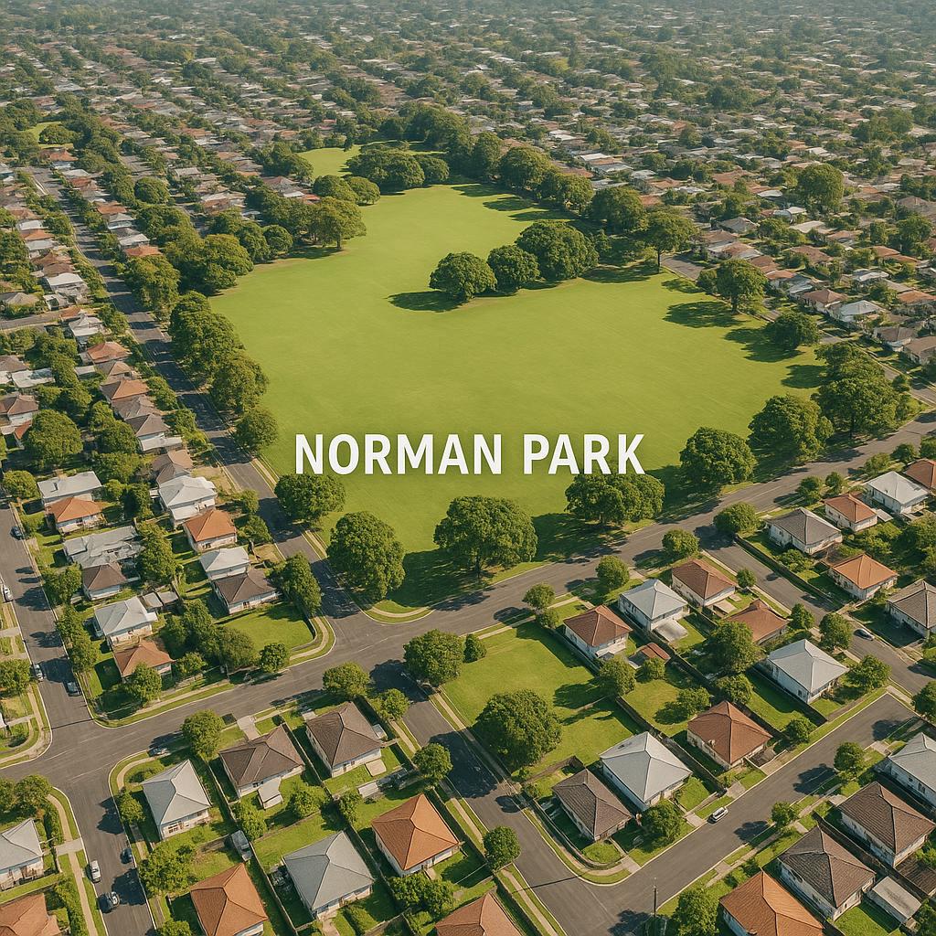 Aerial view highlighting Norman Park's green spaces