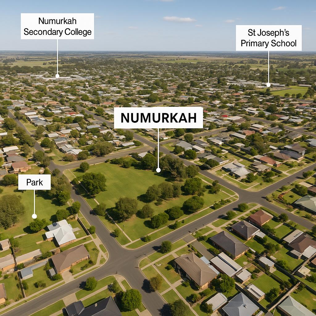 Aerial view of Numurkah highlighting schools and parks.
