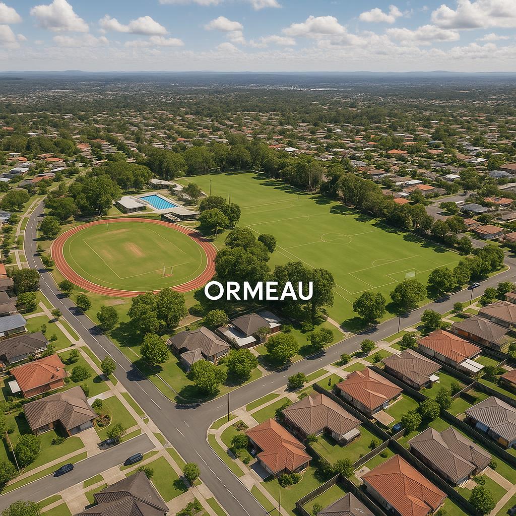 Aerial view of Ormeau suburb, highlighting parks and houses