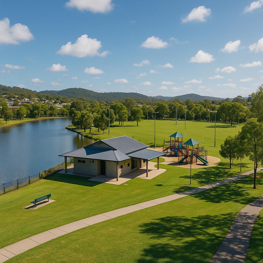 View of Oxenford park with family enjoying outdoor activities