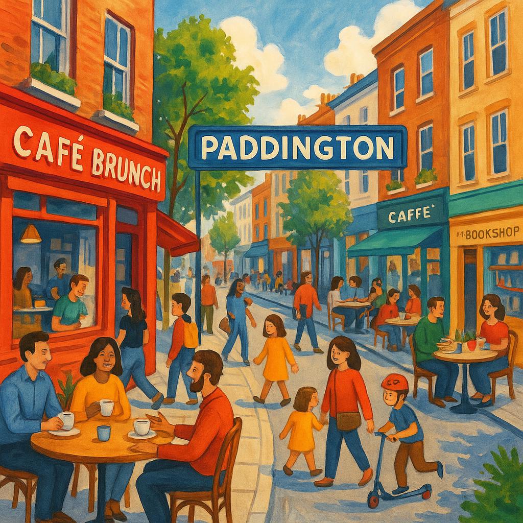 Street view of Paddington with cafes and shops.