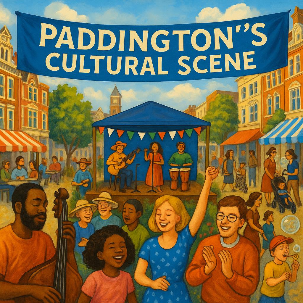 A bustling street in Paddington filled with people enjoying local amenities.