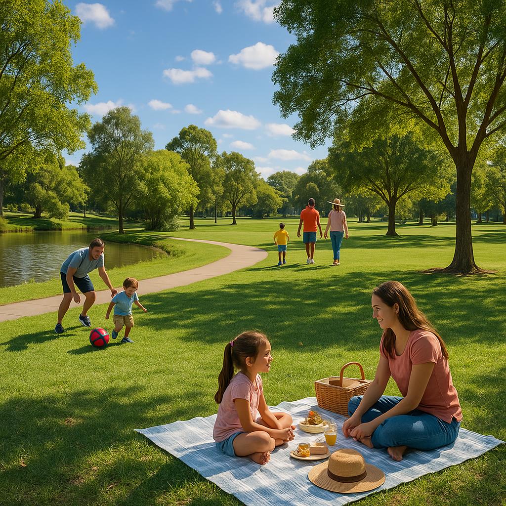 Families enjoying a sunny day at a park in Parkinson