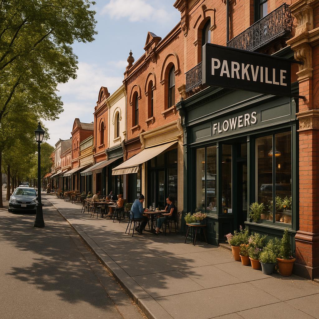 Vibrant street view of cafés and shops in Parkville